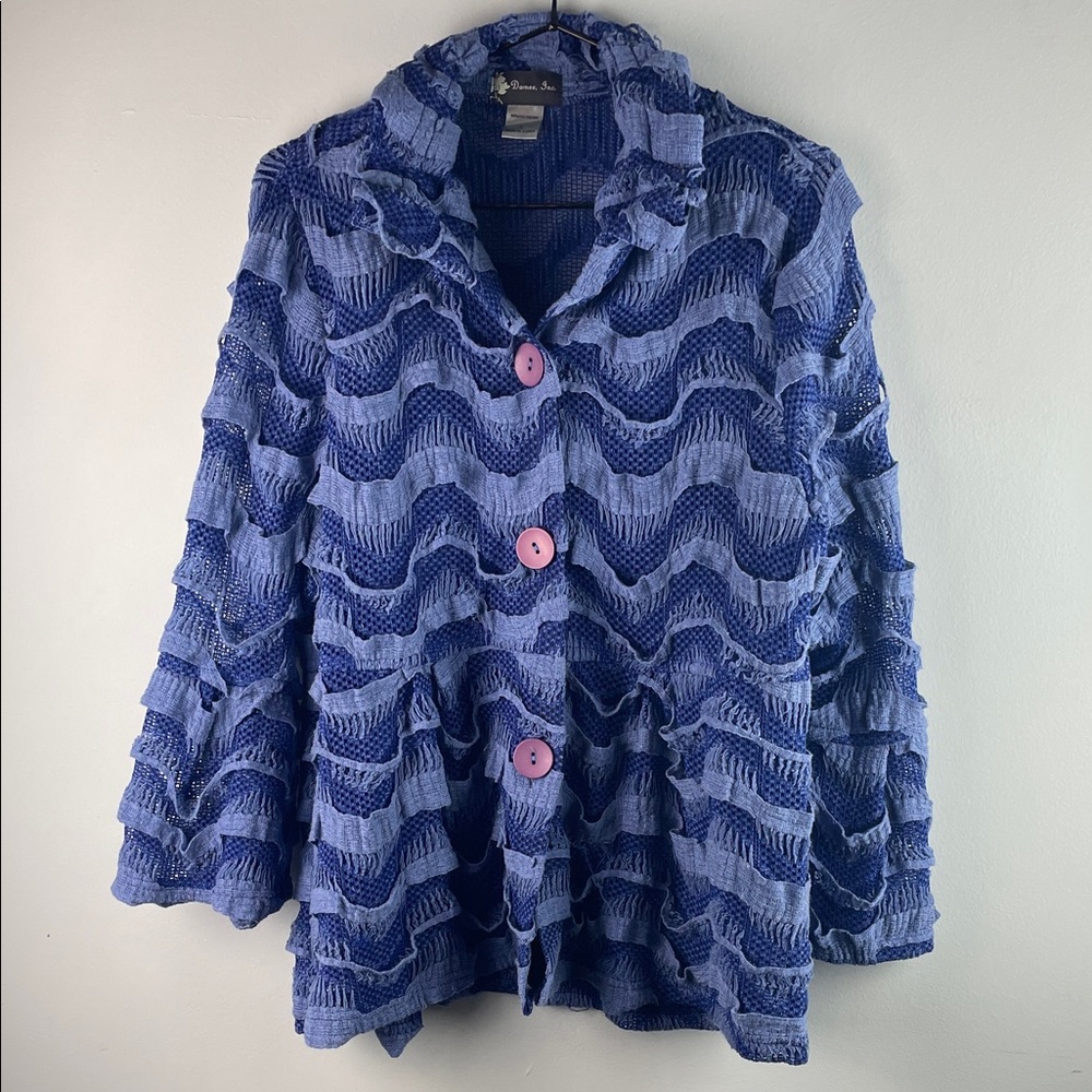 Damee, Inc. Open Knit Wave Cardigan Blue Jacket Size L